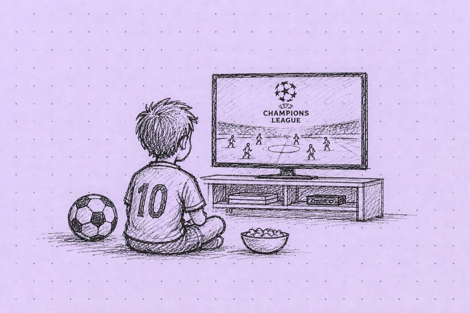 Dzieciak ogląda mecz Ligi Mistrzów przed telewizorem